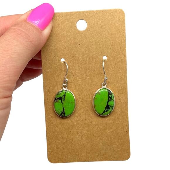 Green Matrix Turquoise Earrings Solid 925 Sterling Silver Dangle Drop Western - Picture 2 of 5
